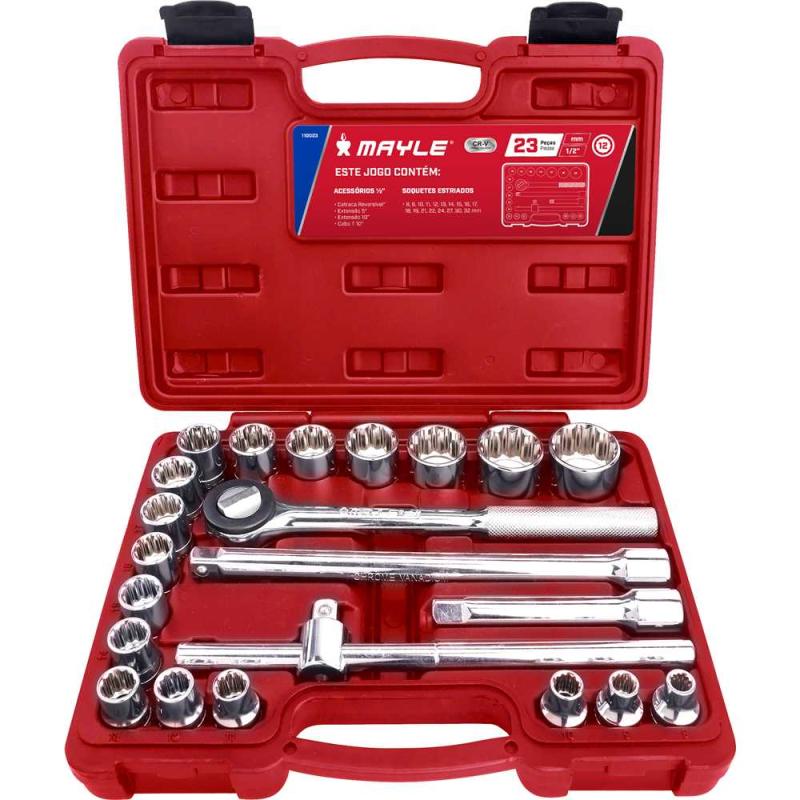 JOGO SOQUETE ESTRIADO 1/2 08A32MM (23PC) - MAYLE