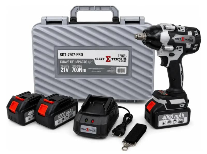 CHAVE DE IMPACTO SGT7507 PRO 1/2 700NM - 2 BATETRIAS 4AHLIION2 21V - CARREGADOR E MALETA - SGT TOOLS