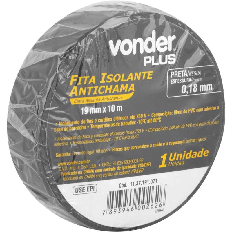 FITA ISOLANTE 19MMX10M PRETA - VONDER PLUS