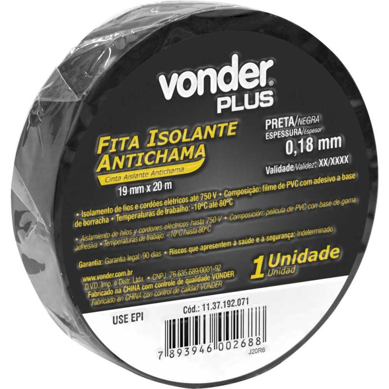 FITA ISOLANTE 19MMX20M PRETA - VONDER PLUS