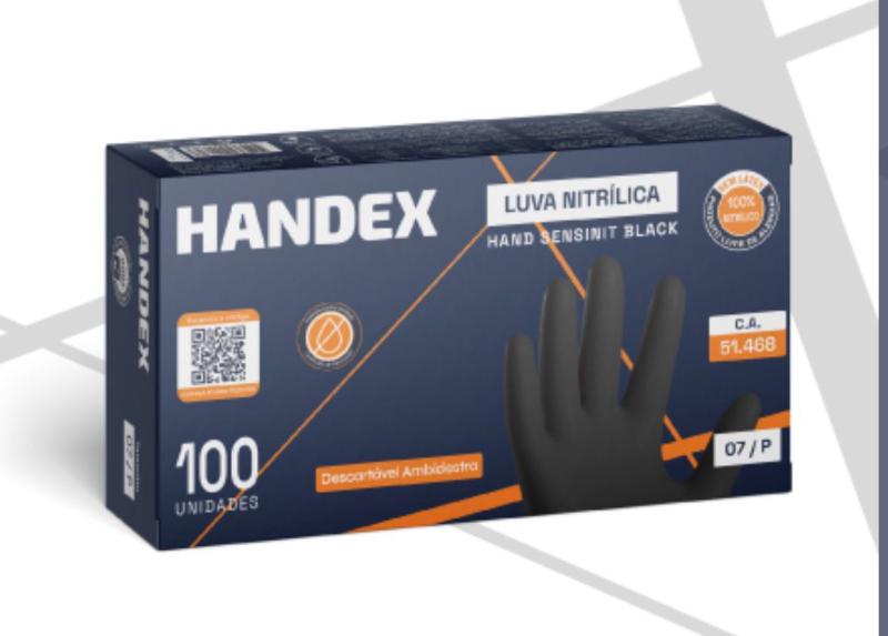 LUVA HANDEX SENSINIT BLACK 09(G) PRETA CA: 51.468 BOX COM 100 UND